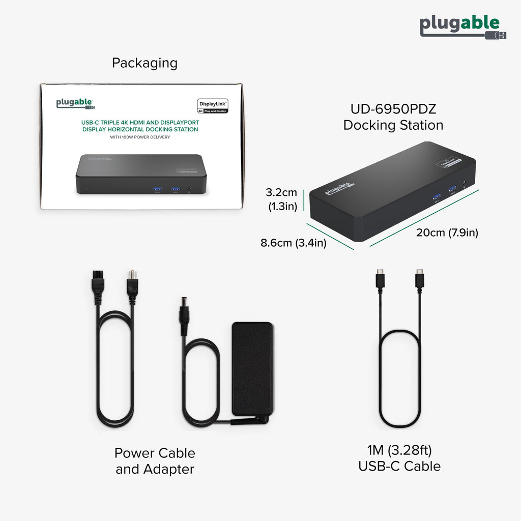 Plugable 12-in-1 USB C Triple 4K Docking Station, Three Displays with 3X HDMI or DisplayPort, Compatible with Mac M1 - M5 & Neo, Windows, Thunderbolt, USB4, USB-C (100W PD, 6X USB Ports, Ethernet)