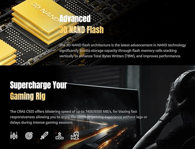 KLEVV CRAS C925 1TB M.2 2280 NVMe PCIe Gen4x4 Internal Gaming SSD with Aluminium Heatsink, Compatible with PS5, up to 7400MB/s (K01TBM2SP0-C9T)