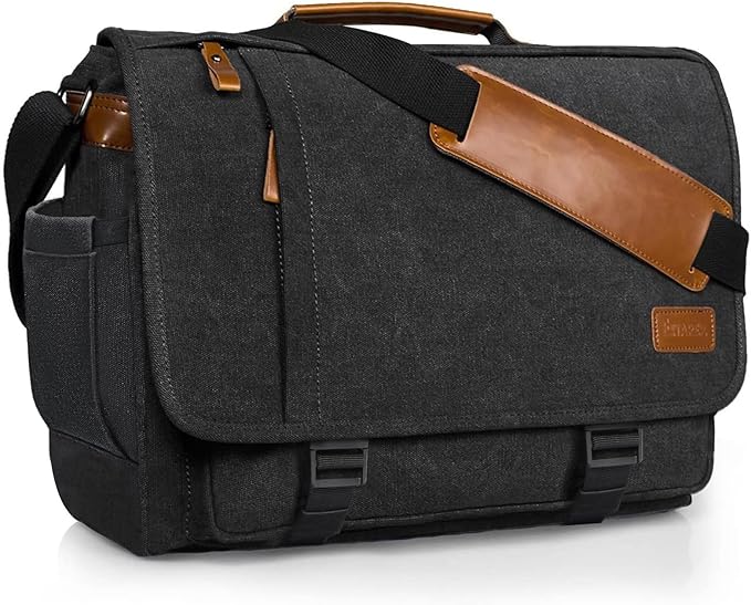 ESTARER Men's Messenger Bag 17.3 Inch Upgraded, Water-resistant Canvas Laptop Bag, Computer Shoulder Bag for College Travel Work, Dark Grey