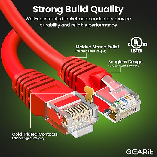 GearIT Cat 6 Ethernet Cable (24-Pack 3 Feet) Cat6 Network Patch, 10Gbps, RJ45, Snagless Cord, Gold-Plated Connectors, Internet for PC, TV, Tablet, Router, Printer, Servers, IT Data Center - Red