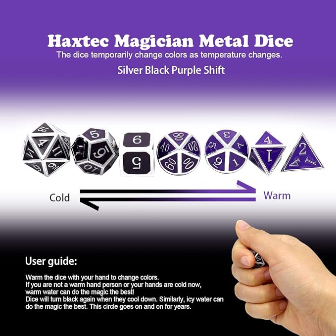 Haxtec Color Changing ByTemperature Metal DND Dice Set Polyhedral D&D Dice Compatible with Dungeons and Dragons RPG-Silver Black Purple Shift