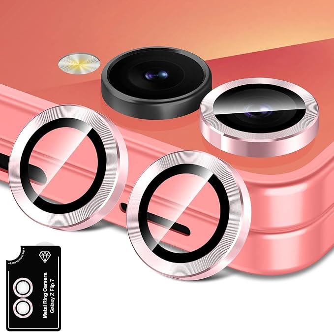 for Samsung Galaxy Z Flip 7 Camera Lens Protector, Individual Metal Ring Tempered Glass Lens Cover, [Strong Adsorption] Scratch Resistant Ultra-Thin HD Clear Lens Cover, 1 Set-Pink