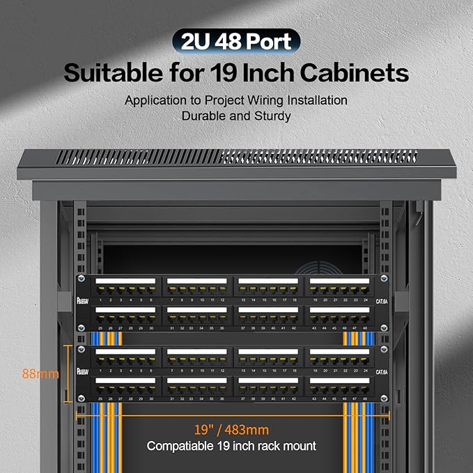 Patch Panel 48 Port Cat6A 【EC Listed】 2U Network Patch Panel Rackmount 19 inch RJ45 Patch Panel for 10 Gigabit Network, 110 or Krone Impact Tools Compatible Without Cable Management (Cat6A)