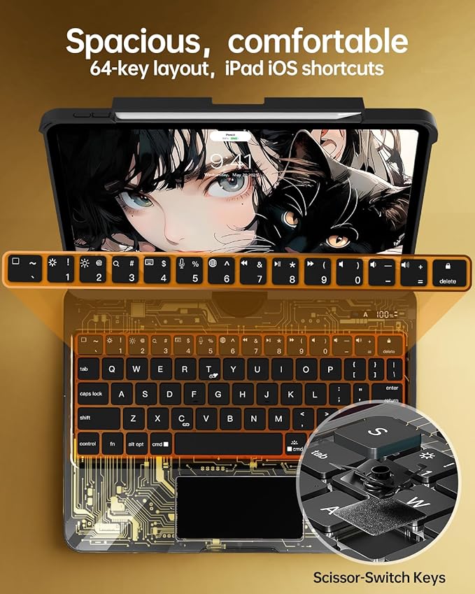 Intermerge for iPad 9th 10.2 inch Keyboard Case, 360° Transparent Multi-Touch Trackpad, 7-Color Backlit Keyboard, Pencil Holder, Type-C, Power Indicator for 9th/ 8th/ 7th - Shadow Pulse