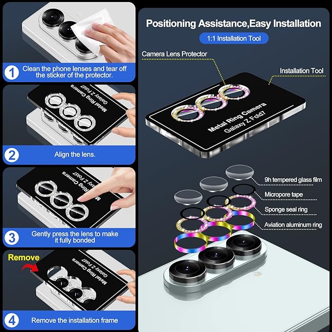 for Samsung Galaxy Z Fold 7 Camera Lens Protector, Individual Metal Ring Tempered Glass Lens Cover, [Strong Adsorption] Scratch Resistant Ultra-Thin HD Clear Lens Cover, 1 Set-Colorful Diamond