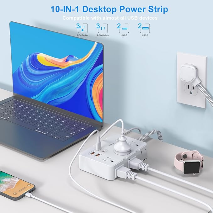 Surge Protector Power Strip 10 Ft Cord, Ultra Thin Flat Extension Cord with 6 Outlets 4 USB Ports(2 USB C), Flat Plug Power Strip, Braided Power Cord for College Dorm Room Essentials