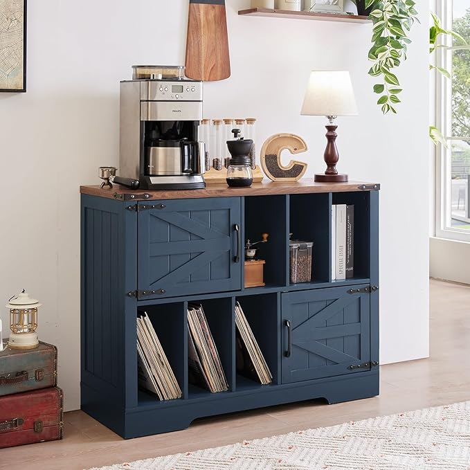 Large Record Player Stand with Vinyl Storage Up to 450 Albums, 39 Inch Farmhouse Wood Navy Blue Vinyl Records Storage Cabinet with Barn Doors, Mid-Century Turntable Stand for Living Room