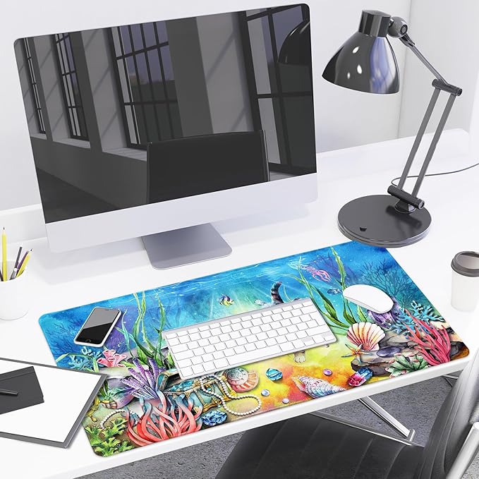 Lokigo Desk Pad Cool Cat, Big Desk Mat Cute Cat Ocean Underworld Extended Large Gaming Mouse Pad for Desk Boys Girls Non-Slip Rubber Base Stitched Edges Mouse Mat Office Home Laptop Desk Matt