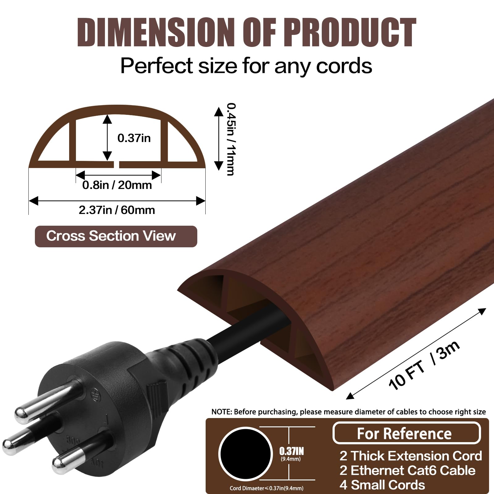 Floor Cord Cover Cavity 0.8"x0.37" Self Adhesive Cord Hider, 10FT Low Profile Cable Management, Extension Strip Protector for Wires, Prevent Cable Trips for Offices, Gyms, Exhibitions（Red Teak）