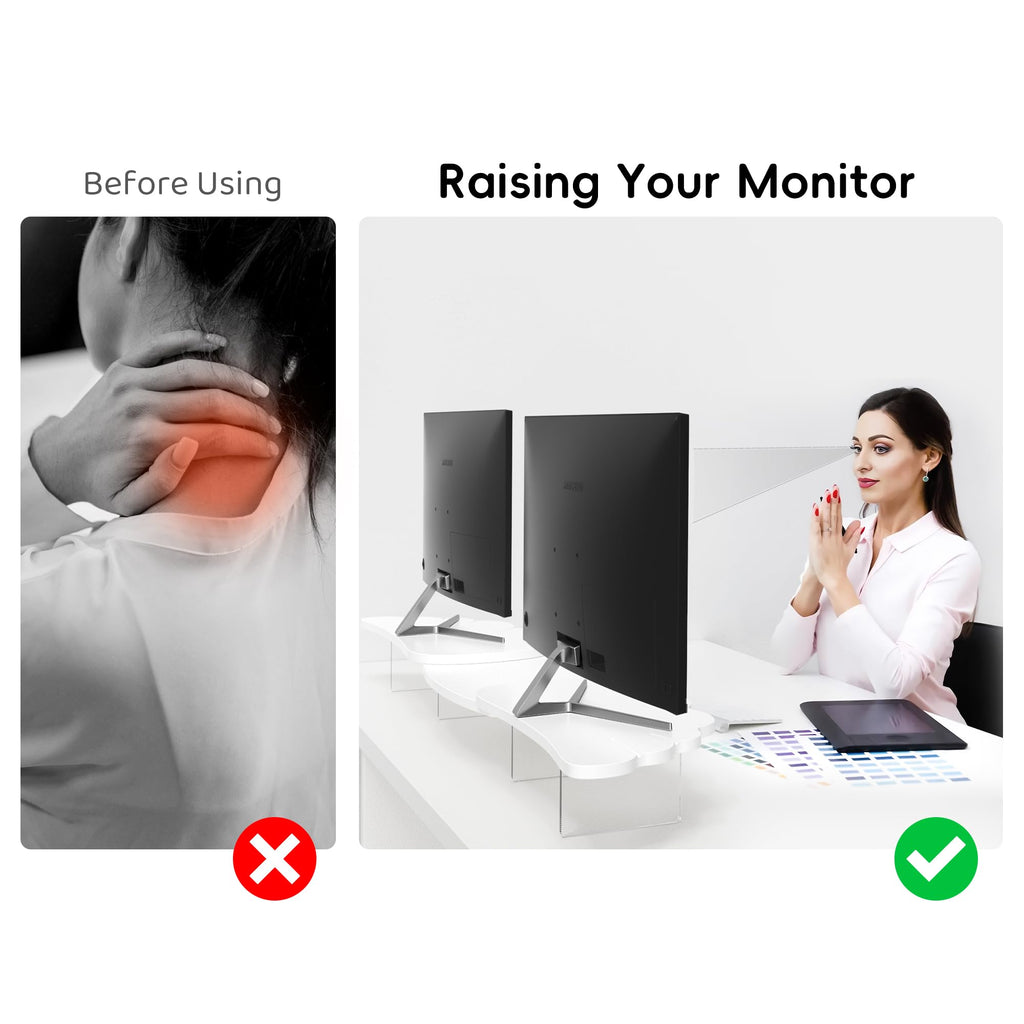 AFOOYO Dual Monitor Stand Riser, Wing-Shaped Sturdy Desktop Wood Stand for 2 Monitors, White Riser for Laptop, PC, Computer
