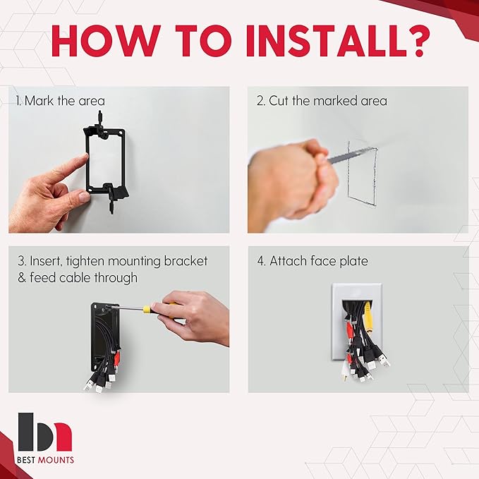 2 Pack Wall Plate Cable Pass Through with Bracket - In Wall Cable Management Kit - Snap ON Wall Plate with Single Gang Low Voltage Mounting Bracket - Decorator Cover for Low Voltage Cables
