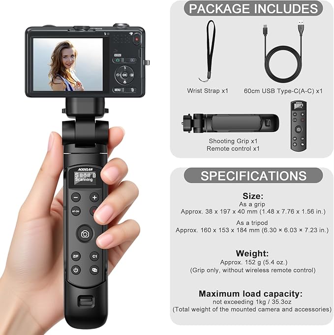 AODELAN for Sony Camera Tripod with Rechargeable Wireless Shutter Release,Shooting Grip Remote Control Handle for ZV-E10,ZV-1F,ZV-1,A7C,A7III,A7R IV,A6100,A6400,A6700,FX30,A9 II,DSC-RX0 II(Black)