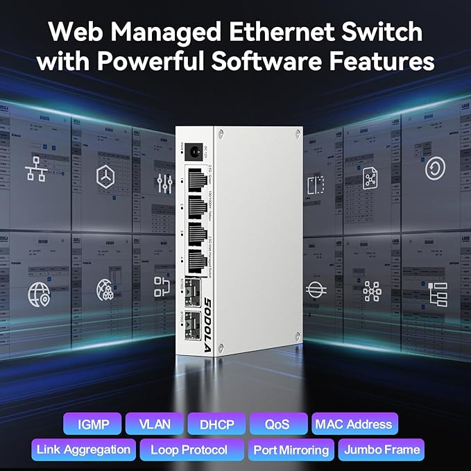 SODOLA 6 Port 2.5Gb Easy Web Managed Switch, 4 x 2.5G Base-T Ports, 2 x 10G SFP+,Aluminum Alloy Cooling & Magnetic Mounting - LACP/QoS/VLAN/IGMP Managed Multi-Gigabit Switch for Homelab
