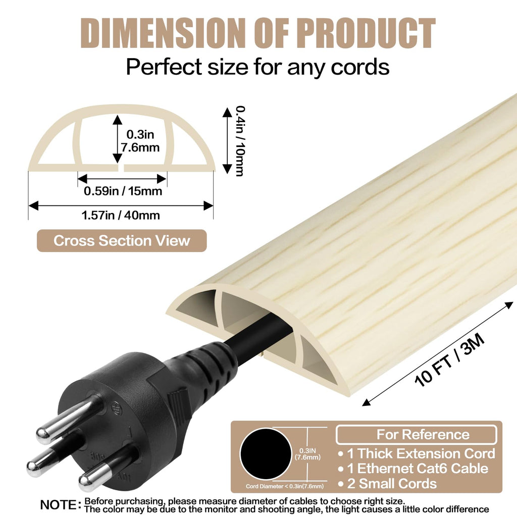 Floor Cord Cover Self Adhesive Cord Hider,10FT Cable Management, Extension Strip Protector for Wires, Prevent Cable Trips for Offices, Gyms, Exhibitions Cavity:0.51"(W) x 0.3"(H) Yellow Wood