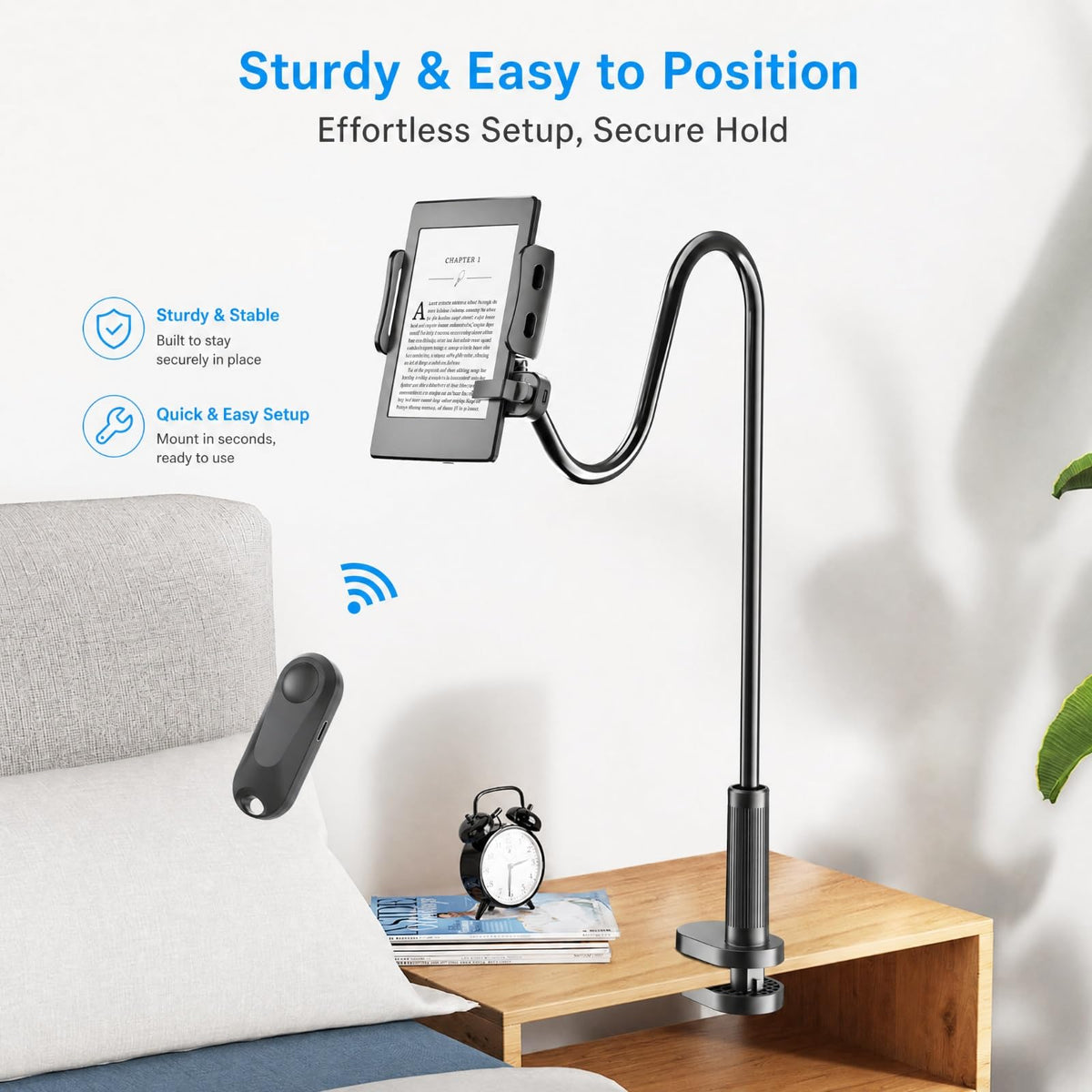 Kefotic Gooseneck Tablet Holder for Kindle Reading in Bed with Page Turner Remote, Hands Free Desk Bedside Lazy Arm Stand for Kindle Accessories, Gifts for Readers