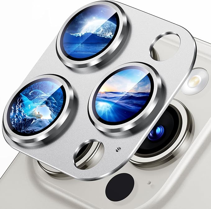 Uyiton Compatible with iPhone 15 Pro/iPhone 15 Pro Max Camera Lens Protector, [Not Easy to Break][Strong Adsorption][Case-Friendly] Metal Tempered Glass Rear Camera Screen Cover - Silver White