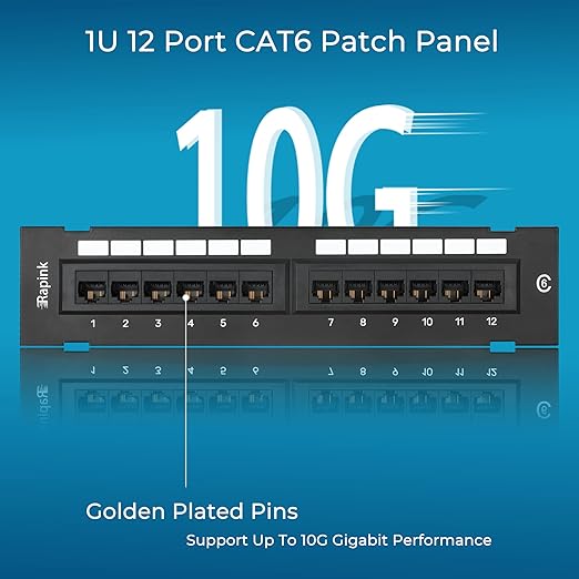 Rapink Patch Panel 12 Port Cat6 10G Support, Network Patch Panel UTP 10-Inch, Wallmount 1U Ethernet Patch Panel Punch Down Block for Cat6, Cat5e, Cat5 Cabling