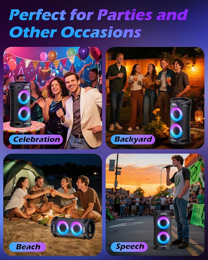 Large Bluetooth Speaker, 260W Peak Powerful Loud Sound with Deep Bass, Portable Outdoor Speaker Wireless, 15Hr Playtime, Fast Charge, TWS, Cool Lights for Party, Camping, Beach, Backyard, Home, Work