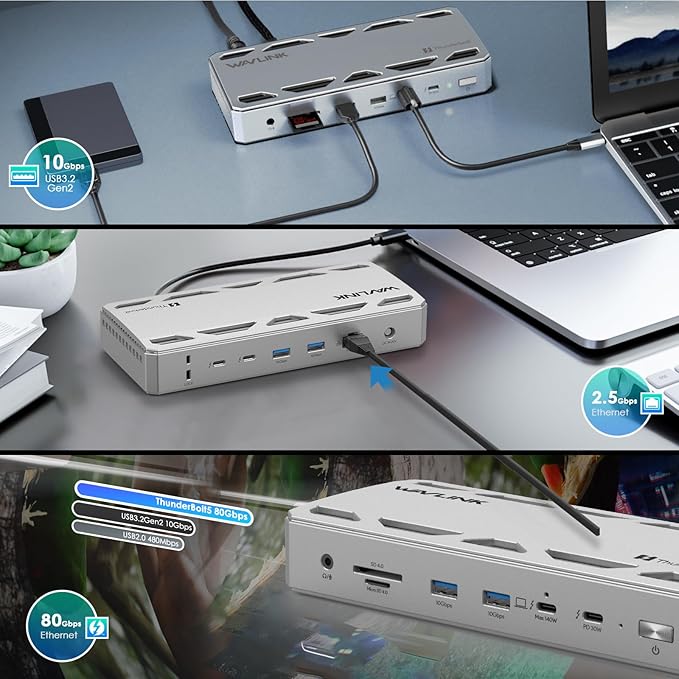 WAVLINK Thunderbolt 5 Docking Station, 12-in-1 Thunderbolt 5 Dock with 120Gbps Max Transfer, 140W PD, 2.5G Ethernet Port, 4X USB-A 3.2 Gen 2, SD 4.0, 8K Display for Thunderbolt 5/4 Laptops