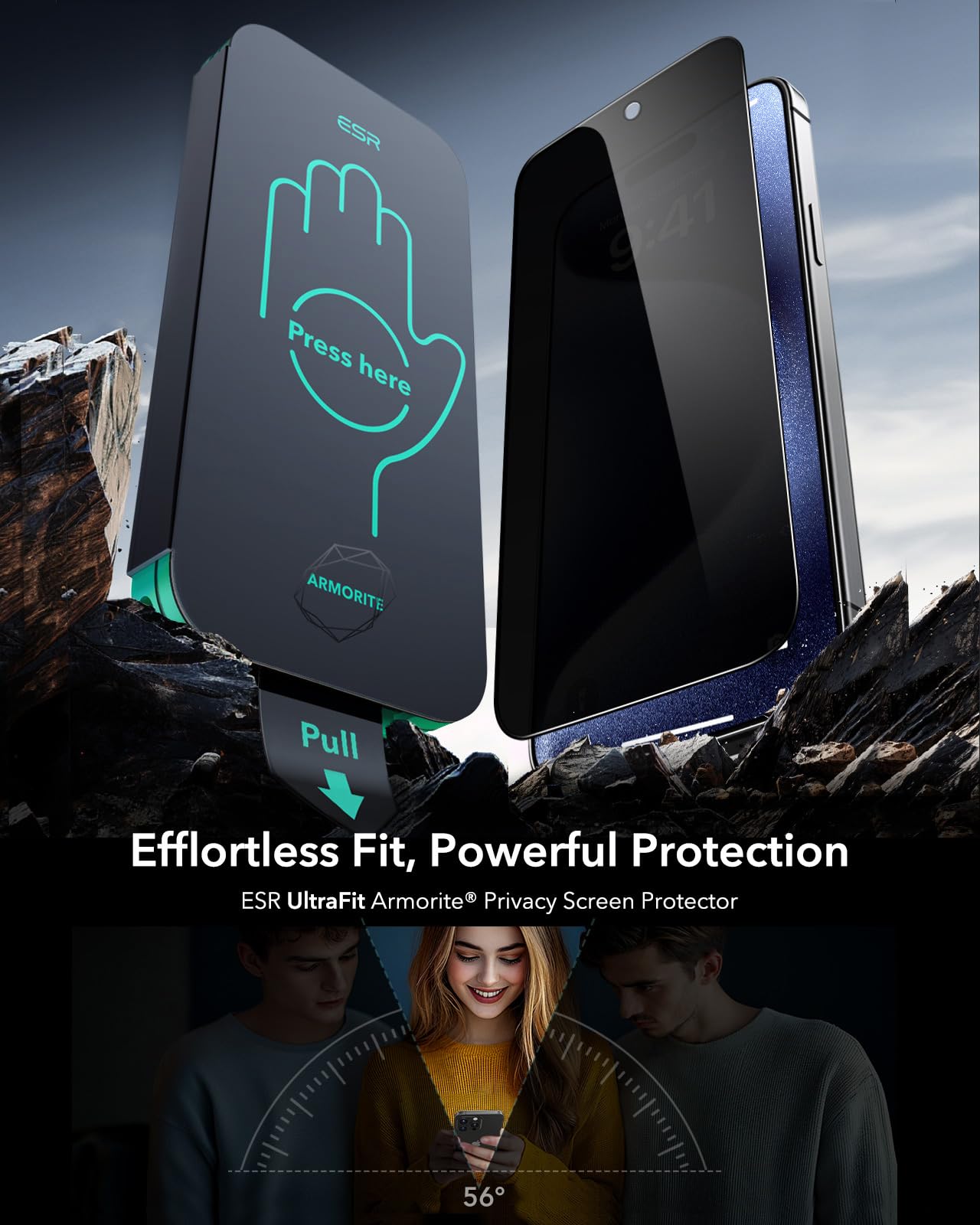 ESR 3 Pack 9H+ Glass for iPhone 15 Pro Privacy Screen Protector, [Military Grade Shatterproof & Longest Durable] Armorite Anti-spy Tempered Glass with UltraFit Tray