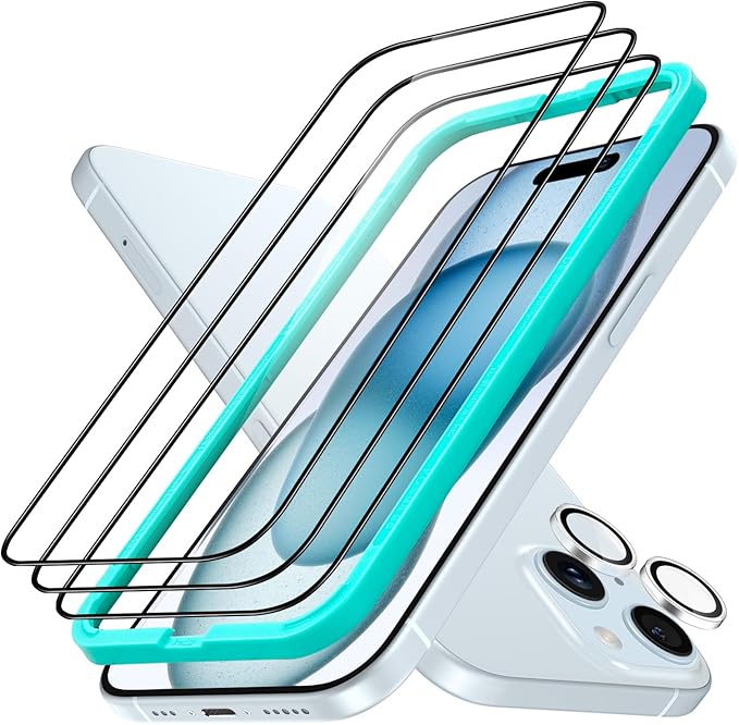 ESR 3+1 Pack for iPhone 15 Screen Protector, [9H Hardness] [Military Grade Shatterproof] Full Coverage Ultra-tough Tempered Glass Film with Easy Installation Frame, 1 Set of Camera Lens Protector
