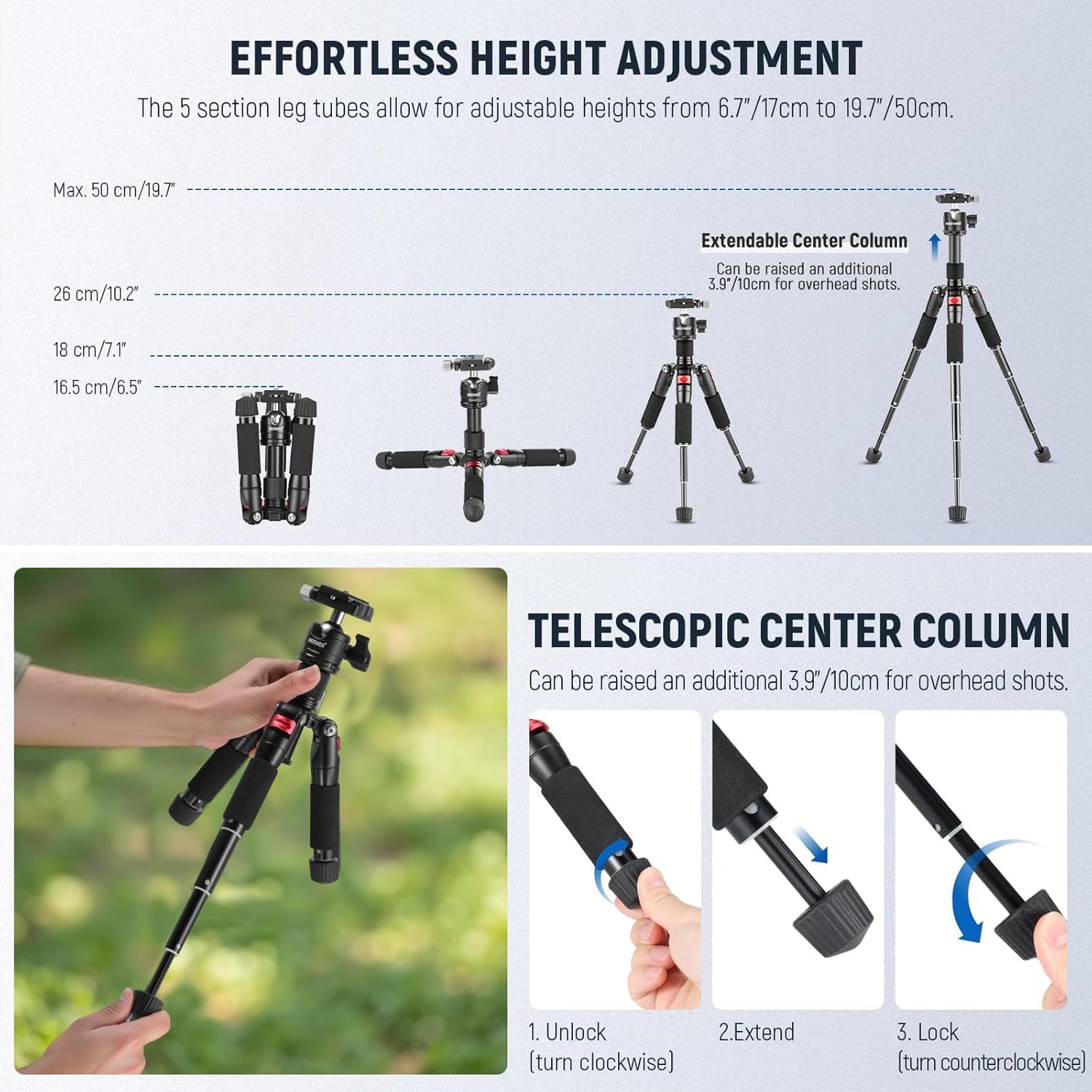 NEEWER Portable Travel Mini Tabletop Tripod, Aluminum Alloy 20''/ 50cm Desktop Desk Tripod with 360 Degree Ball Head, 1/4" Quick Shoe Plate for DSLR Camera Video Camcorder, Max Load 11 lb/5 kg