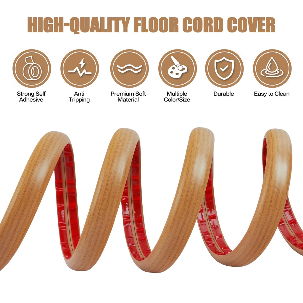 Floor Cord Cover Self Adhesive Cord Hider,3.3FT Cable Management, Extension Strip Protector for Wires, Prevent Cable Trips for Offices, Gyms, Exhibitions Cavity:0.39"(W) x 0.27"(H) Brown Wood