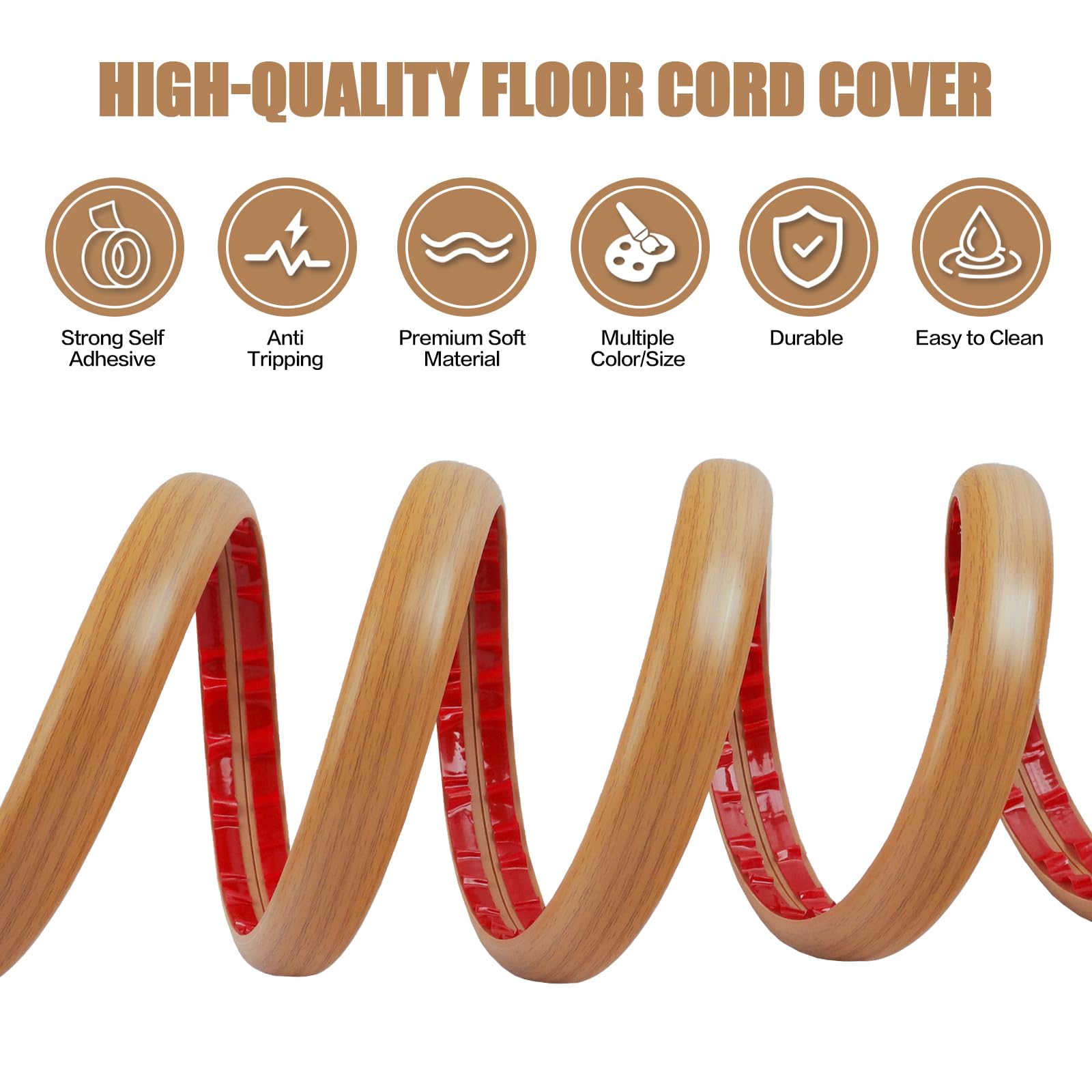 Floor Cord Cover Self Adhesive Cord Hider,10FT Cable Management, Extension Strip Protector for Wires, Prevent Cable Trips for Offices, Gyms, Exhibitions Cavity:0.51"(W) x 0.3"(H) Brown Wood
