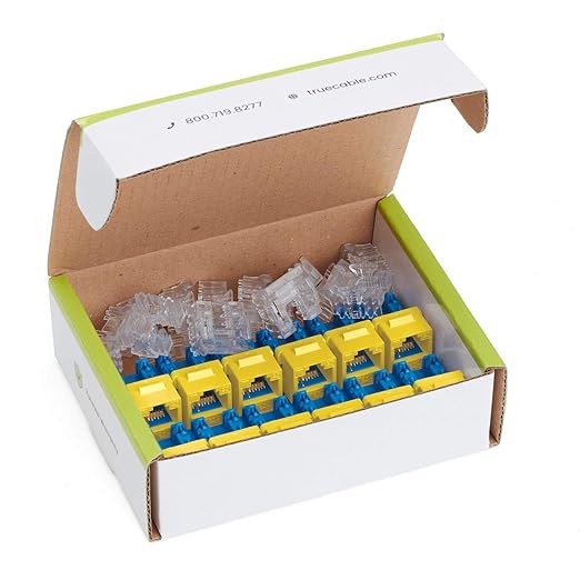 trueCABLE Cat6 Keystone Jack, Unshielded (UTP), 90 Degree Punch-Down, PoE++ (4PPoE) 100W, UL Listed, ETL Verified, ANSI/TIA Certified, Modular RJ45 Female, Yellow, 12 Pack