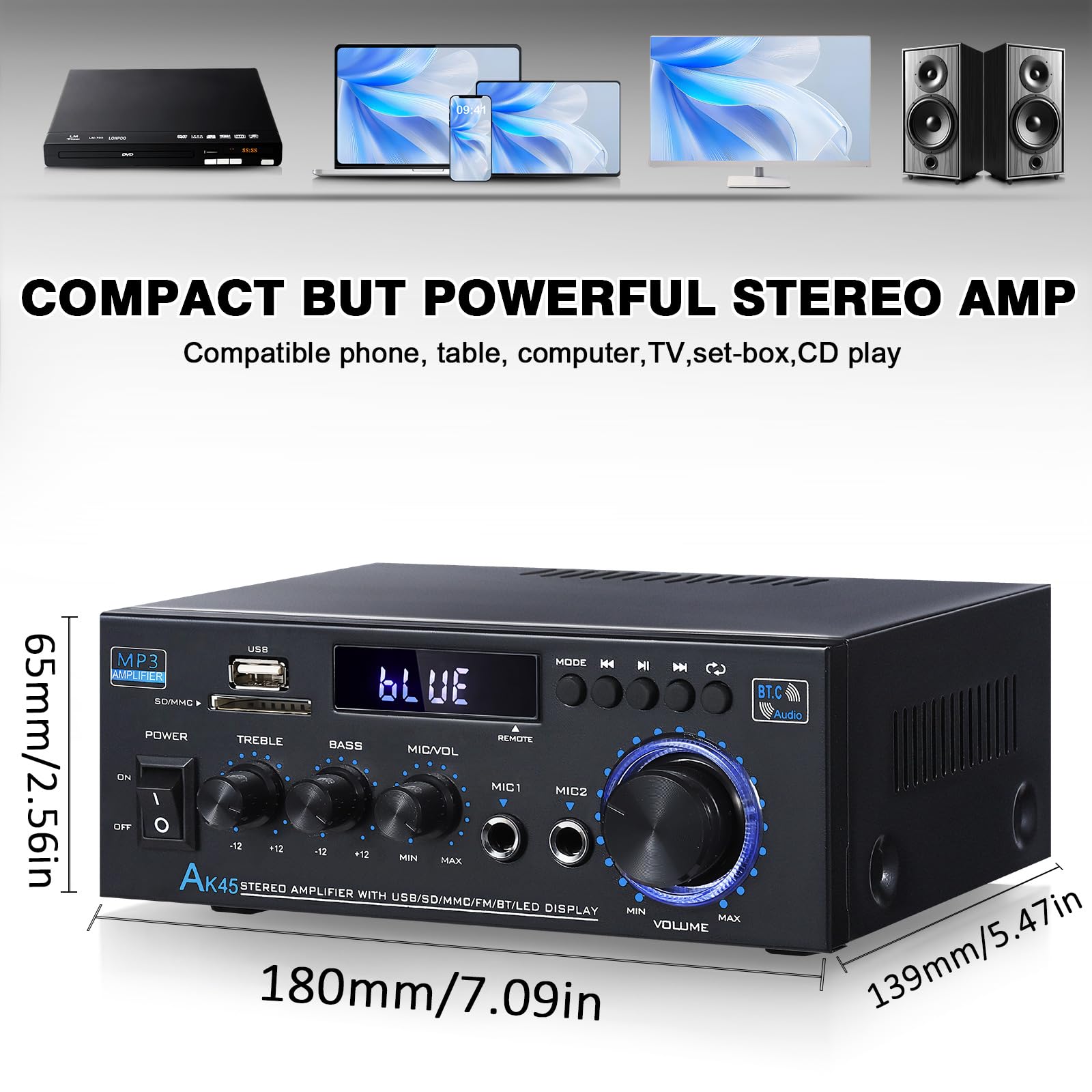 AK45 Stereo Receivers Amplifier Home Audio with Bluetooth, 300W, 2.0 Channel Power Amplifier for Home Stereo Syetem with RCA,SD,FM,USB, MIC in,Bluetooth Receiver for Karaoke,Studio