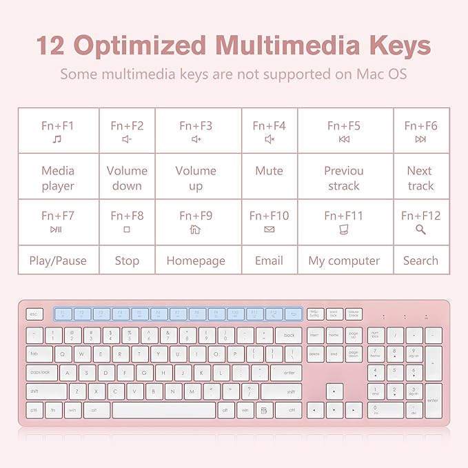 LeadsaiL Pink Wireless Keyboard, 2.4GHz Full-Sized Ergonomic Computer Keyboard, Cordless Noiseless Keyboard,12 FN Shortcuts for Windows MacOS Laptop Computer