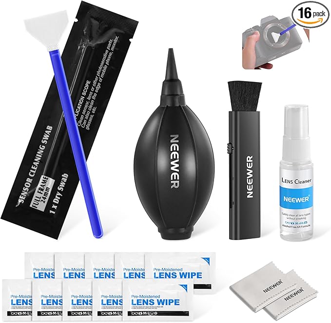 NEEWER 16 in 1 Camera Lens Cleaning Kit, 1x Brush + 1x Air Blower + 1x Cleaning Swab for 24mm Full Frame Sensor + 1x Cleaner Spray + 2X Cloth + 10x Wet Lens Wipe, HM-44
