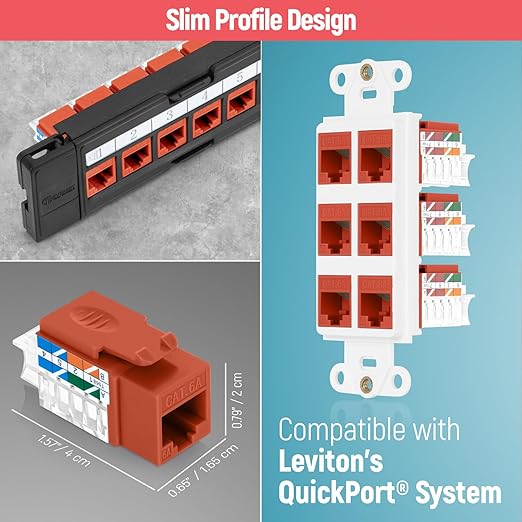 Everest 45° Angled RJ45 Cat6A Keystone Jacks 50-Pack in Orange - Slim Profile Female RJ45 Connectors - Cat 6A Keystone Jack - Compatible with 45° Angled Speed Termination Tool - 45Term (B0BL3GS7ZY)