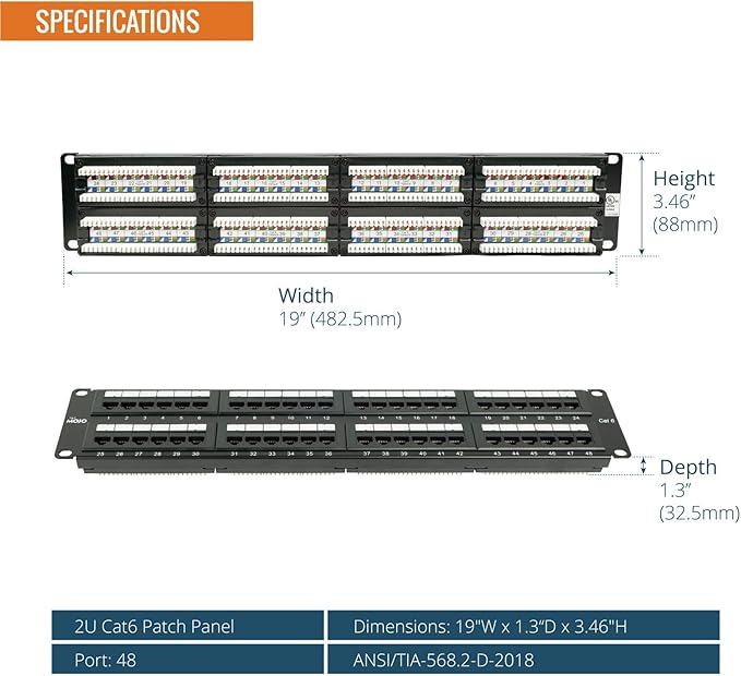 Tecmojo 48 Port Patch Panel, Cat6 Patch Panel, 2U Patch Panel, Network Patch Panel for 19 inch Rack Mount equipments,10G Support, Unshielded