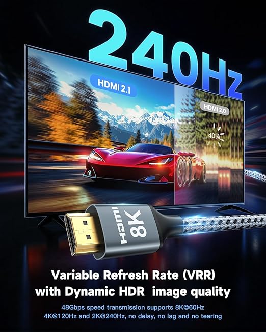 ARISKEEN 8K HDMI Cable 60FT, 48Gbps High Speed Fiber Optic HDMI 2.1 Cable, 8K 60Hz, 4K 120Hz Support for HDR 10, HDCP 2.2 2.3, Unidirectional Braided HDMI Cord Compatible with Laptop/HDTV - 60 Feet
