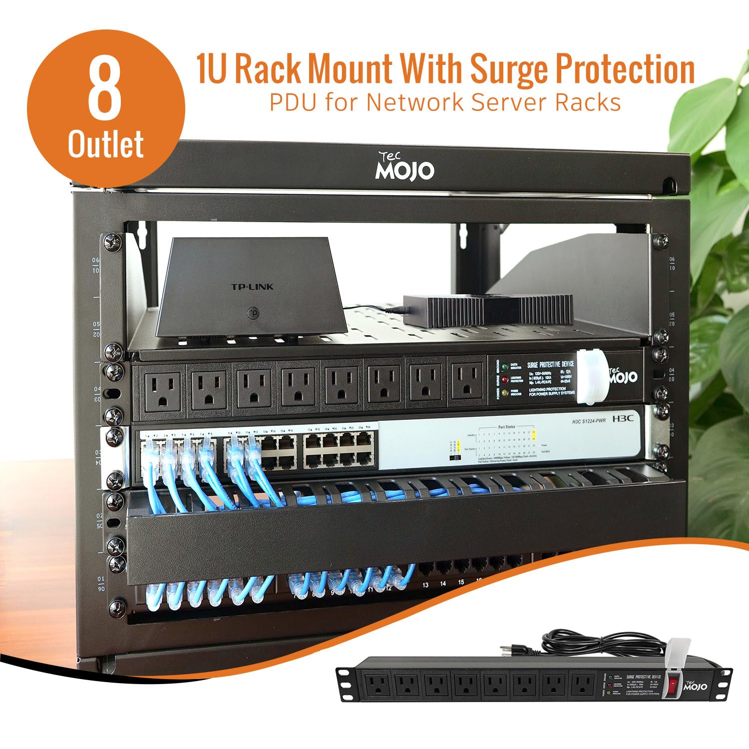 Tecmojo 1U Rack-Mount Horizontal 8-Outlet PDU, UL Listed PDU with Surge Protection LED Indicators 6ft Cord Power Distribution for IT and Network Server Racks