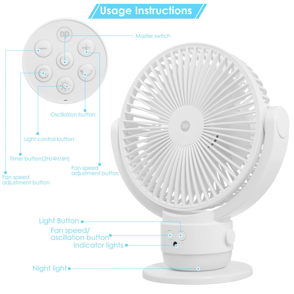 OGZ Portable Fan for Travel Wireless with Remote Timer, 7 Inch Small Desk Fan with LED Night Light 90° Oscillation, Rechargeable USB Fan for Cruise Bed Beside Sleeping Camping Tent