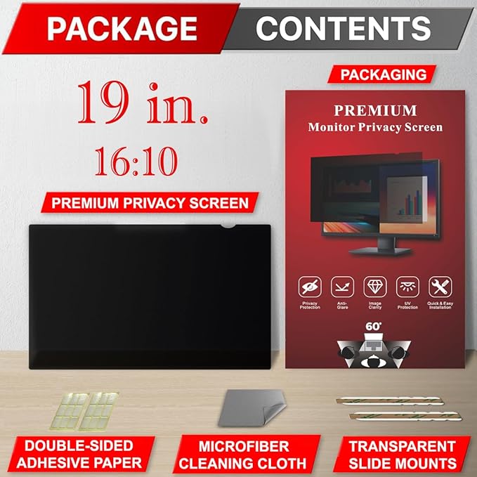19 Inch Privacy Screen Filter for 16:10 Widescreen Monitor | Privacy Shield | Anti-Glare | Anti-Blue light Protector | Eye Protection | Computer Security Private Filter