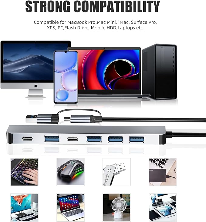 Aluminum 7 in 1 USB C Hub with USB 3.0,7 Ports with 2* USB-C and 5* USB-A, Ultra Slim Portable USB Splitter Adapter for Laptop, PS4, Flash Drive, HDD, Xbox, Printer, Mouse, Keyboard