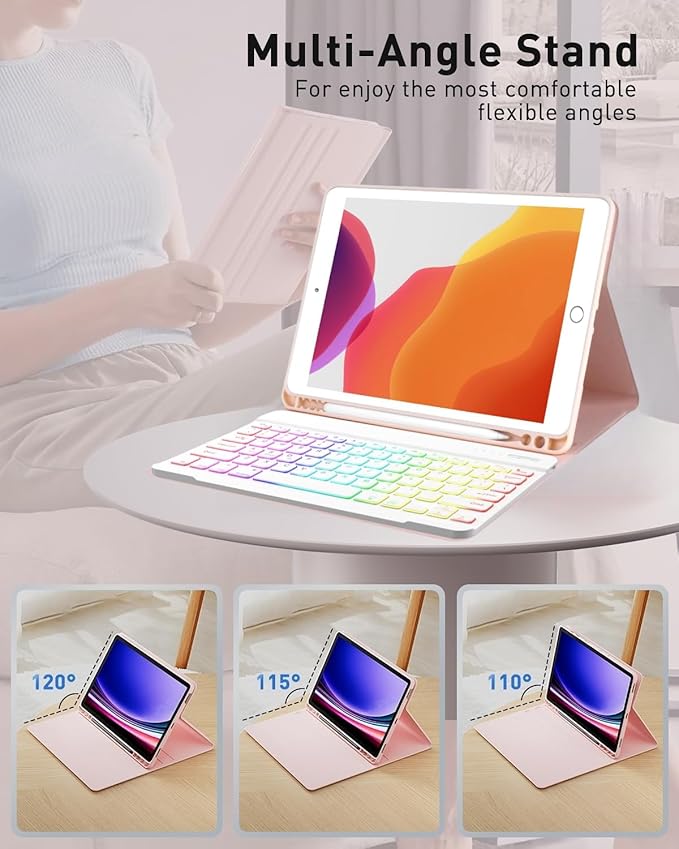 Keyboard Case for Galaxy Tab S10 Lite/ S10 FE/ S9 FE/S9/S8/S7, Slim Lightweight 7 Color Rainbow Backlight Detachable Magnetic Keyboard Cover with S Pen Holder, Purple
