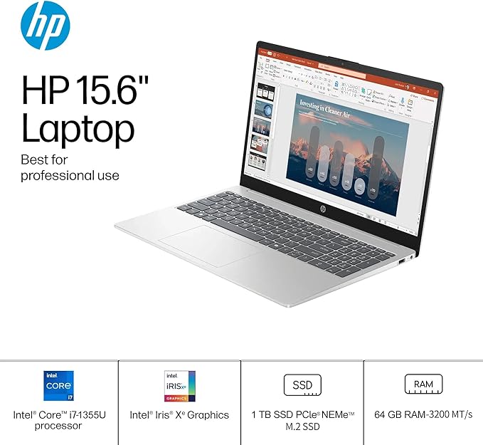 HP 15.6 Touchscreen Laptop Computer for Business, Intel 13th Gen i7-1355U(Up to 5.0 GHz), 15.6" FHD Touch Screen, 64 GB RAM, 1 TB SSD, Iris Xe GPU, Wi-Fi 6, HD Webcam, Windows 11 Pro, w/Accessories