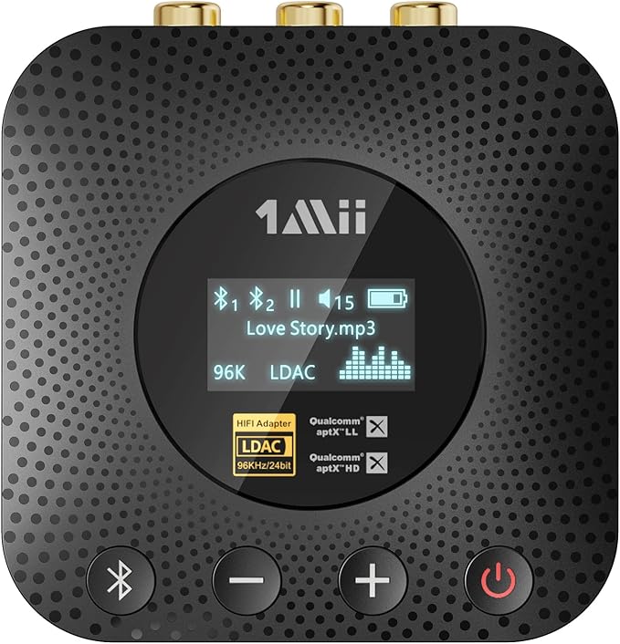 1Mii B06HD+ Hi-Res Bluetooth 5.1 Music Receiver for Home Stereo w/LDAC, Hi-Fi Bluetooth Adapter w/Audiophile DAC aptX HD Volume Control OLED Display, Wireless Audio Adapter for AV Receiver/Amplifier
