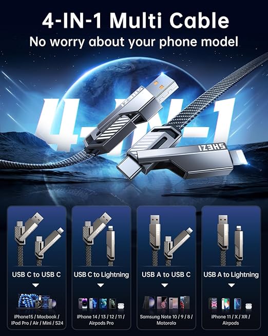 4-in-1 Long USB C Cable 60W 15FT Compatible With Lightning Cable [Fast Charging&Data Transfer] Flat Nylon Braided for iPhone iPad Charger Cord, Multi Charge Wire Combo with L/Type C/USB A Port