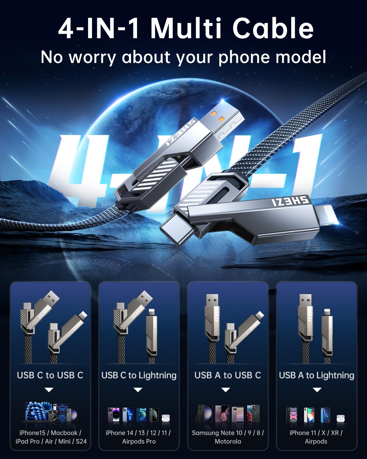 [2026 Upgraded] 4-in-1 USB C Cable 45W 3FT Compatible with Lightning Cable