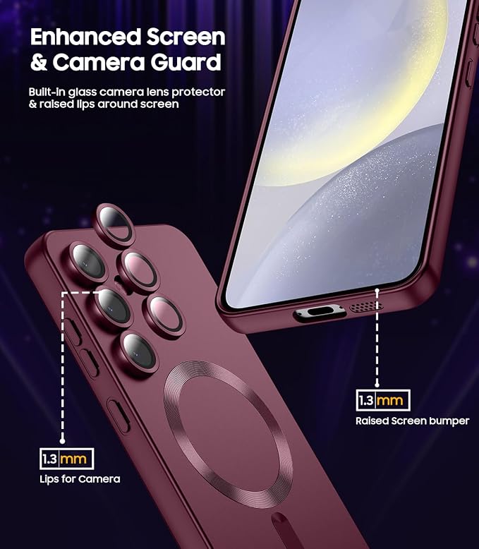 Magnetic for Samsung Galaxy S24 Case [Compatible with MagSafe][Built-in Camera Lens Protector] Slim Soft Silicone Bumper Shockproof Metallic Luster Phone Case (Burgundy)