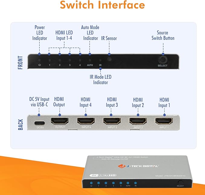 J-Tech Digital HDMI Switch 4K 120hz, 2.1 Switch 4 in 1 Out, 8K 60Hz 1080P 240Hz IR Remote Auto Switch USB C Power Cable, Compatible with HDR & Dolby Vision ALLM VRR QFT [JTECH-8KSW41C]