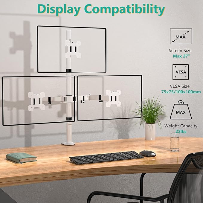 WALI Triple Monitor Stand, Fully Adjustable Three Monitor Desk Mount Fits 3 Screens up to 27 inch, 22 lbs. Weight Capacity per Arm (M003-W), White
