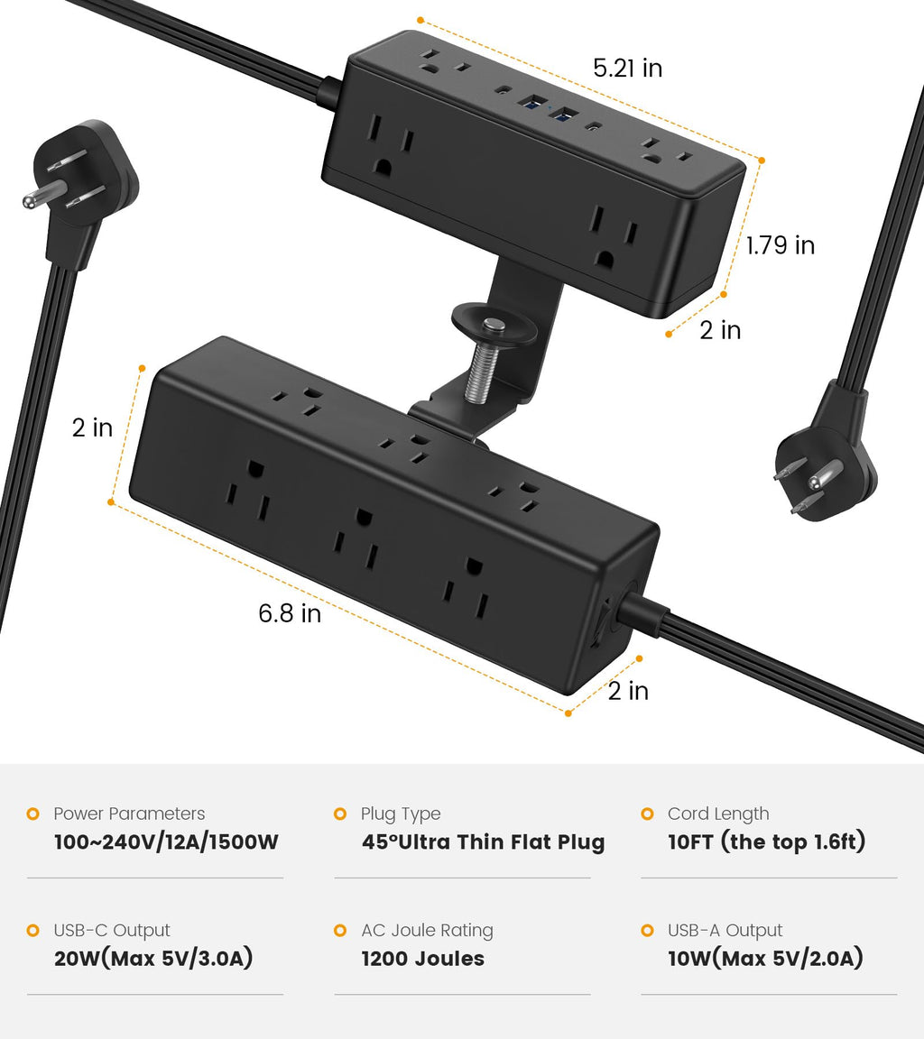 VILONG Dual Layer Desk Clamp Power Strip, 13 Outlets, 20W USB-C, 10FT Cord