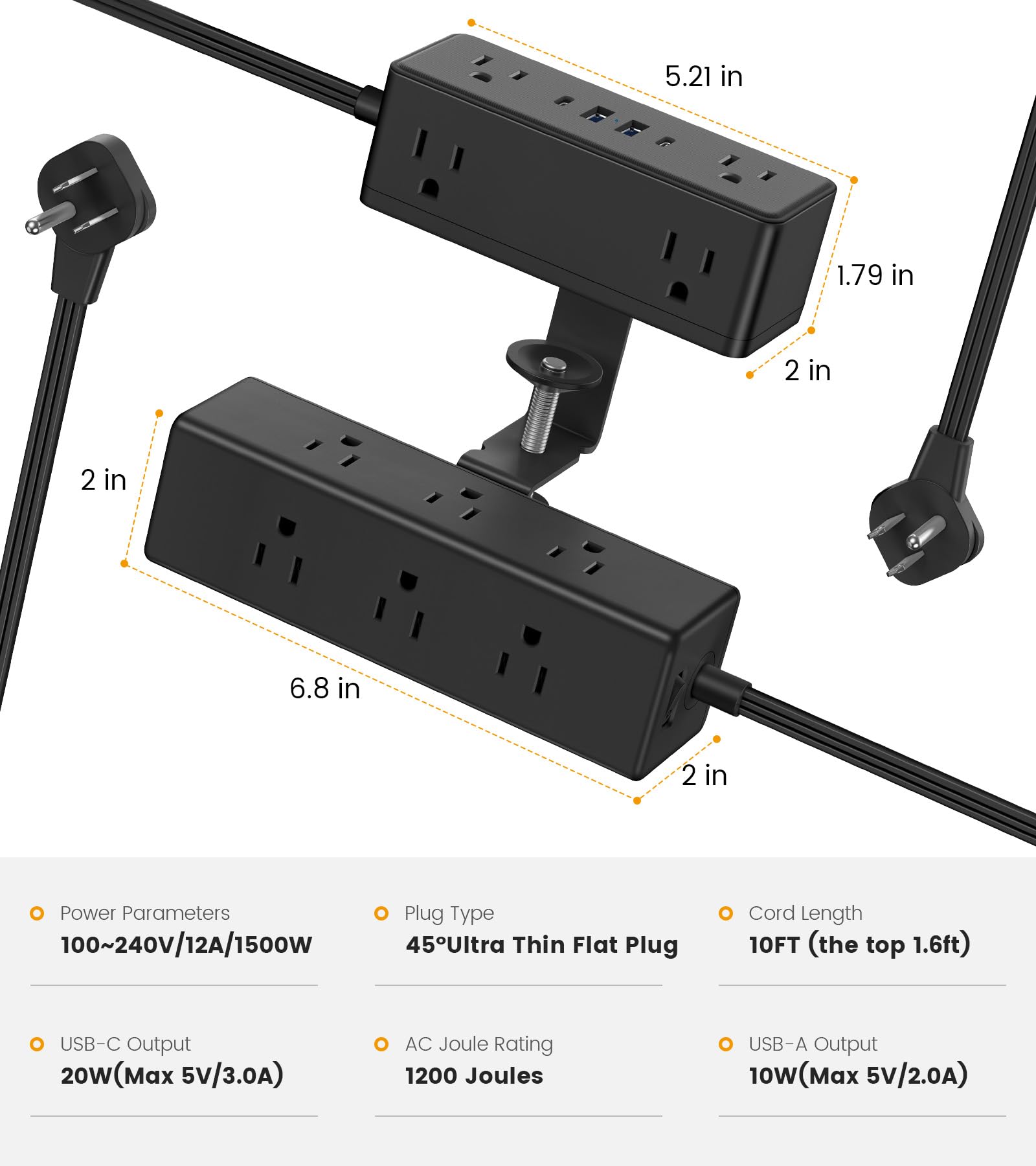 VILONG Dual Layer Desk Clamp Power Strip, 13 Outlets, 20W USB-C, 10FT Cord