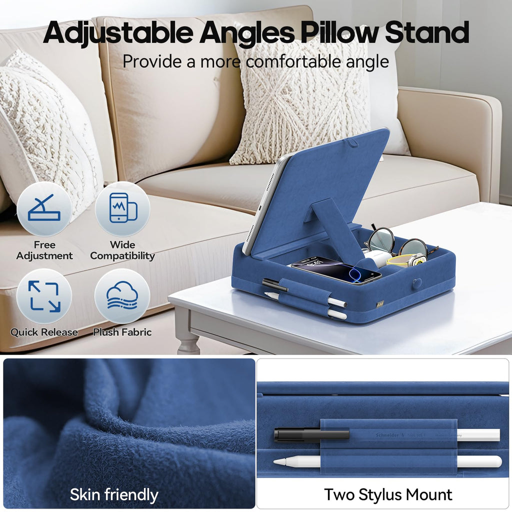 KDD Tablet Pillow Stand with Storage, Foldable iPad Holder for Bed, Lap and Desk, Angle Adjustable Soft Pad Dock with Stylus Mount Compatible with Ipad Pro 12.9, 10.5, 11, Air, Mini, Phones, Books